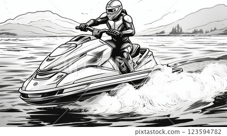 Jet ski on waves with mountainous backdrop. Neural network AI generated 123594782