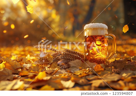 Glass of light beer on a forest floor leaves on an autumn day. Neural network ai generated 123594807