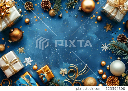 Holiday round Frame with New Year decoration and fir, blue and pearly balls. Christmas greeting card. Neural network ai generated 123594808
