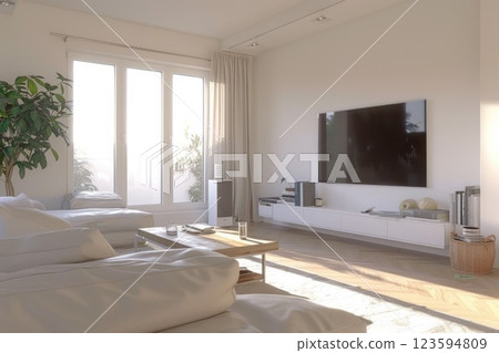 Modern living room with big TV and sofa in light beige tones. Neural network ai generated 123594809