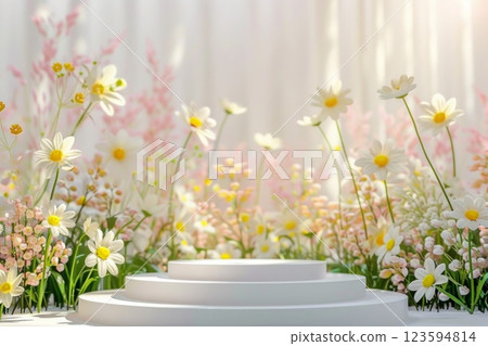 Cylinder podium for product placement surrounded by different flowers. Neural network ai generated Cylinder podium for product placement surrounded by different flowers. Neural network ai generated 123594814