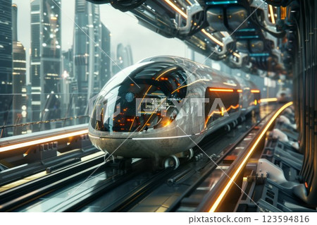 Futuristic train in urban cityscape at dawn. Neural network AI generated 123594816