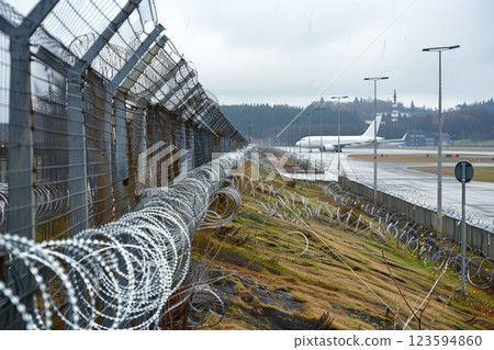 Razor barbed wire or concertina razor coil barrier security fence restricted security area in airport. Neural network ai generated 123594860