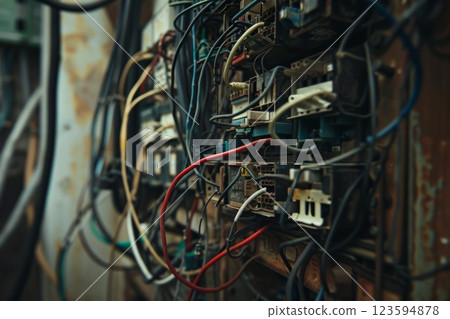 The electrical wires in the phone line box look messy. Neural network ai generated 123594878