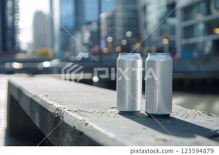Two beverage cans on rooftop at sunset. Neural network AI generated 123594879