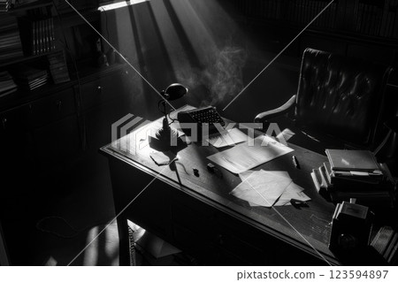 Detective workplace with vintage monochrome colors of light. Neural network ai generated 123594897