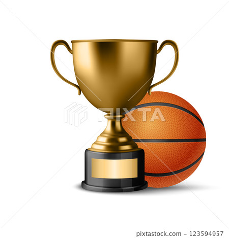 Realistic 3d Basketball Championship Trophy, Vector Illustration. Golden Winner Cup and Basketball Ball. Sports Award, Victory Symbol. Competition, League, Team Achievement, Sport Event Concept 123594957