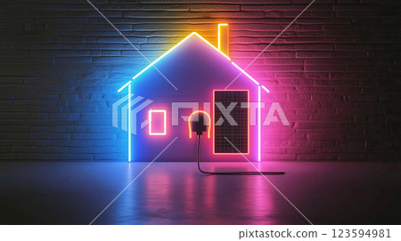 Neon style icon symbolizing the future of an all-electric smart home Electricity bill 123594981