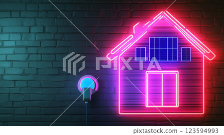 霓虹燈風格的圖示象徵全電動智慧家居的未來 電費 123594993