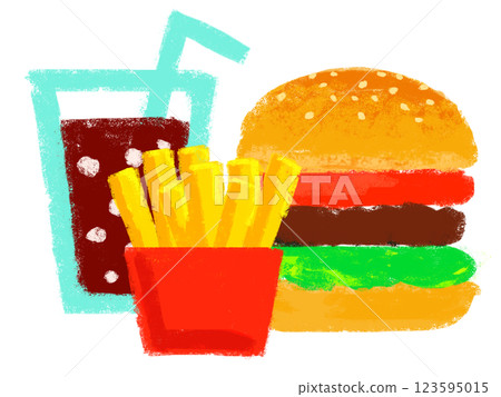 Hamburger and fries set, simple illustration, crayon touch 123595015