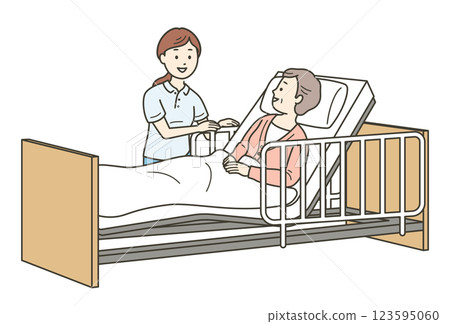 Full-body illustration of an elderly woman sleeping in bed and a female caregiver assisting her 123595060