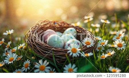 vibrant colorful nest with easter eggs 123595280