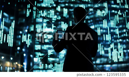 Silhouette of businessman analyzing stock market digital data 123595335