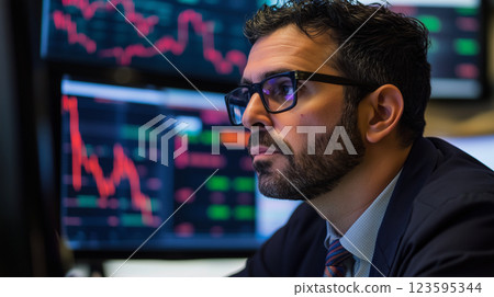 Silhouette of businessman analyzing stock market digital data 123595344