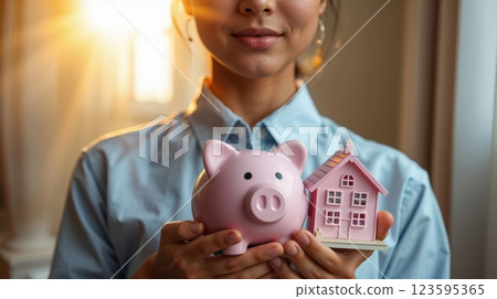 A person holds a pink piggy bank 123595365