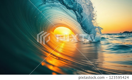 sunset inside a curling ocean wave 123595424