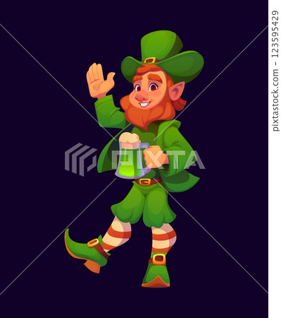 St Patrick day, Irish holiday leprechaun character with green ale beer pint, cartoon vector. Saint Patrick festival and Ireland national holiday traditional symbol of happy leprechaun with green ale St Patrick day, Irish holiday leprechaun character with green ale beer pint, cartoon vector. Saint Patrick festival and Ireland national holiday traditional symbol of happy leprechaun with green ale 123595429