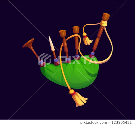 St Patrick Irish holiday, cartoon green bagpipes, vector symbol of Ireland. Saint Patrick day festival and Irish national holiday traditional musical instrument of green bagpipes for celebration 123595431