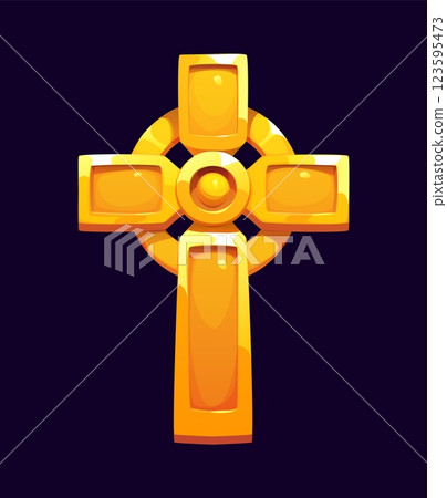 St Patrick day or Irish holiday symbol of Celtic Cross, cartoon vector symbol. Saint Patrick day festival and Ireland national holiday symbol of golden Celtic Cross for Irish traditional celebration 123595473