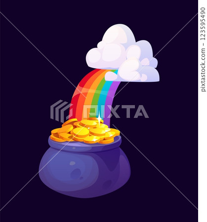 St Patrick day cartoon pot of gold coins with rainbow for Irish holiday, vector symbol. Saint Patrick festival and Ireland national holiday or Irish traditional pot with leprechaun gold coins 123595490