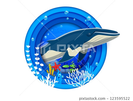 Paper cut ocean day banner with big whale in water of coral reef, vector ecology poster. World Ocean Day paper cut banner for sea animals and underwater environment protection or nature conservation Paper cut ocean day banner with big whale in water of coral reef, vector ecology poster. World Ocean Day paper cut banner for sea animals and underwater environment protection or nature conservation 123595522