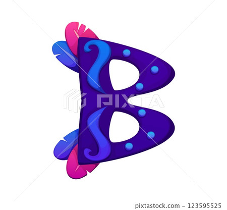Cartoon letter B as masquerade mask with purple swirls and pink feathers. Circus font, retro carnival typeface, entertainment type, kids English alphabet. Vector creative abc typography character 123595525