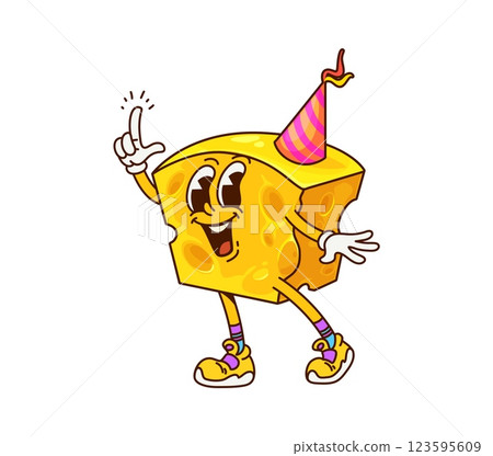 Groovy cheese character in party hat pointing up. Isolated cartoon vector smiling dairy piece of cheese y2k personage with expressive eyes and retro sneakers giving playful hand gesture 123595609
