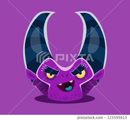 Halloween font letter U crazy monster character. Spooky horned demon monster personage, ABC alphabet symbol, bizarre Halloween animal vector typeset letter or crazy fantasy creature 123595613