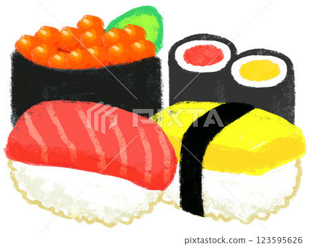 一組握壽司，簡單的插圖，蠟筆觸感 123595626