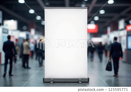 Trade show banner display in busy convention center for marketing promotions. AI generation 123595771