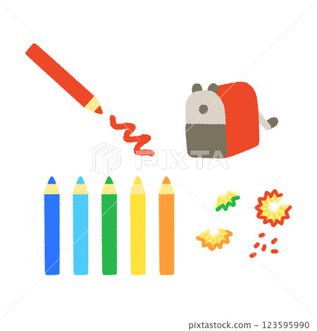 Simple and cute hand-drawn illustration of colored pencils and pencil sharpeners 123595990