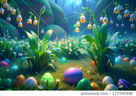 Evening colored Easter eggs,may lily in flower forest 123595996