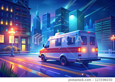 Evening delivery or ambulance car rushes to a patient in the night 123596030