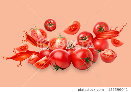 Healthy food, Tomatoes and tomato juice on pastel pink background Healthy food, Tomatoes and tomato juice on pastel pink background 123596041