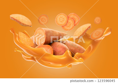 Healthy food, Sweet potatoes and juice on orange background Healthy food, Sweet potatoes and juice on orange background 123596045