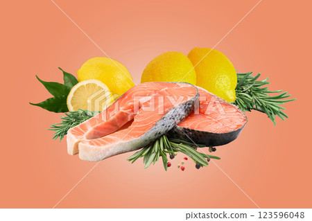 Cooking salmon, Salmon and ingredients for cooking on pastel color background 123596048