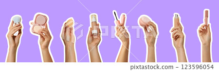 Cosmetic accessories, set of hands with cosmetic accessories on violet background Cosmetic accessories, set of hands with cosmetic accessories on violet background 123596054