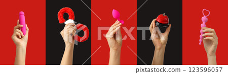 Sex toys accessories, collage of hands with sex toys accessories on black and red backgrounds Sex toys accessories, collage of hands with sex toys accessories on black and red backgrounds 123596057