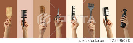 Haircut accessories, collage of hands with haircut accessories on color backgrounds Haircut accessories, collage of hands with haircut accessories on color backgrounds 123596058