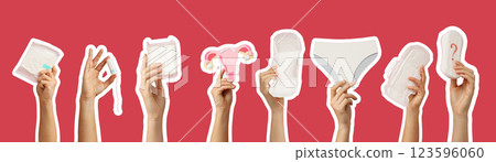 Menstruation accessories, set of hands with menstruation accessories on pink background 123596060