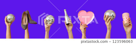 Birthday party accessories, set of hands with birthday party accessories on color background 123596063
