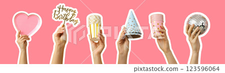 Birthday party accessories, set of hands with birthday party accessories on pink background 123596064