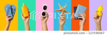 Vacation accessories, collage of hands with vacation accessories on color backgrounds 123596067