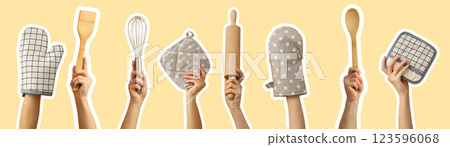 Kitchen accessories, set of hands with kitchen accessories on beige background 123596068
