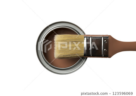 PNG, Paint, can of brown paint with a brush, isolated on a white background 123596069
