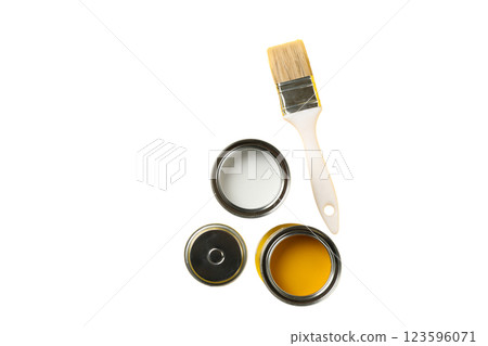 PNG, Paint, cans of paint and painting brush, top view, isolated on white background. 123596071