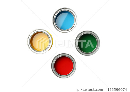 PNG, Paint, cans of colored paint, top view, isolated on white background PNG, Paint, cans of colored paint, top view, isolated on white background 123596074