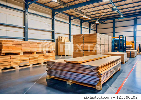 Sheets of plywood, boards, lumber stacked in rows in a warehouse 123596102