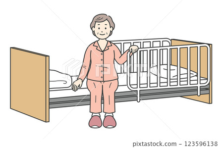 穿著睡衣的老年婦女坐在床邊和護理床上 123596138