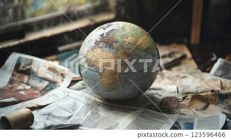A globe buried under newspapers and a confusing world situation Newspapers and a globe A globe buried under newspapers and a confusing world situation Newspapers and a globe 123596466